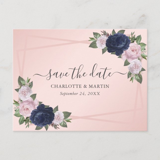 Carte Postale Faire-part Elégant Marine Bleu Blush Rose Mariage Enregistrer (Devant)