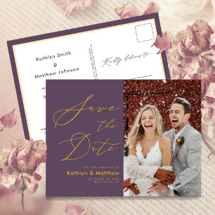 Carte Postale Faire-part Élégant Mauve Écriture Moderne Mariage Enregistrer
