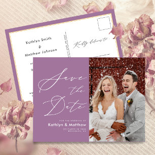 Carte Postale Faire-part Élégant Mauve Moderne Photo Mariage Enregistrer La