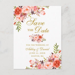 Carte Postale Faire-part Élégant Moderne Fleurs de Corail Doré Enregistrez 
