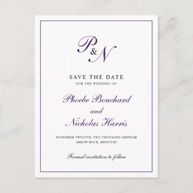 Carte Postale Faire-part Élégant Monogram Purple Wedding Enregistrer la dat (Devant)