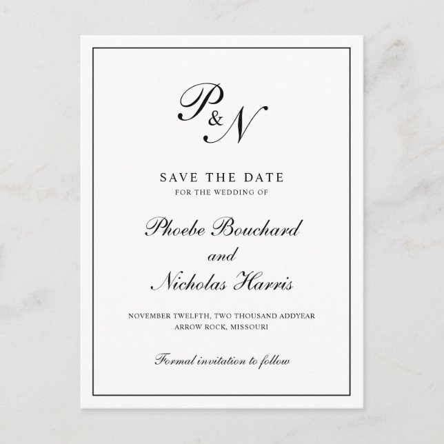 Carte Postale Faire-part Élégant Monogramme Noir Blanc Mariage Économisez l (Devant)