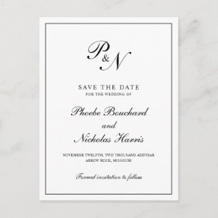 Carte Postale Faire-part Élégant Monogramme Noir Blanc Mariage Enregistrer 
