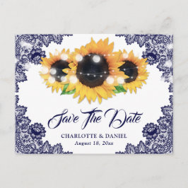 Carte Postale Faire-part Elegant Navy Blue Floral Lace Sunflower