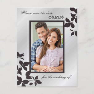 Carte Postale Faire-part Élégant Noir Floral Argent Photo Enregistrer La Da