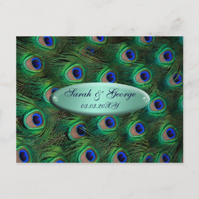 Carte Postale Faire-part élégant paon turquoise save the date (Devant)