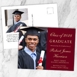 Carte Postale Faire-part Élégant Photo Burgundy Gold College Graduation