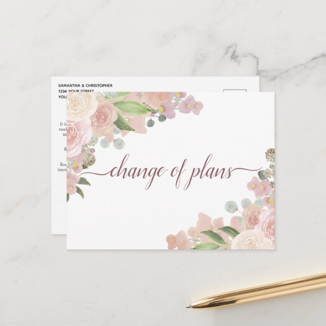 Carte Postale Faire-part Élégant Pink Floral Changement de plans Mariages (Devant/Arrière en situation)