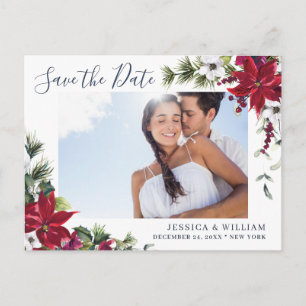 Carte Postale Faire-part Élégant Poinsettia rouge photo mariage Enregistrer