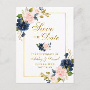 Carte Postale Faire-part Elégant rose bleu bleu bleu floral or Enregistrer 