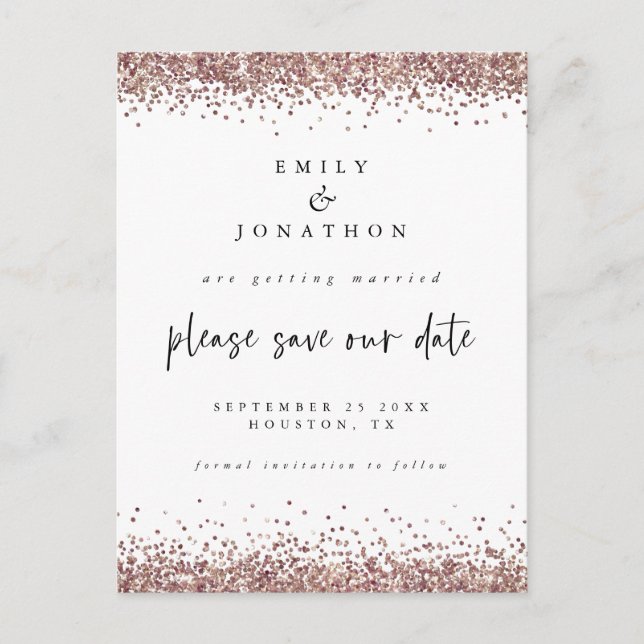 Carte Postale Faire-part Élégant Rose Gold Pailleté Mariage Blanc Date d'En (Devant)