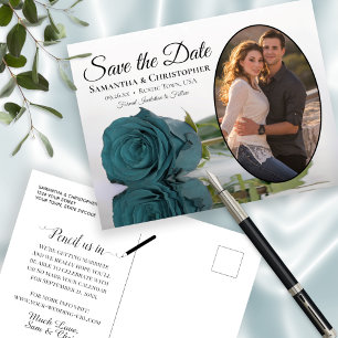 Carte Postale Faire-part Elégant Rose Turquoise Oval Photo Wedding Enregist