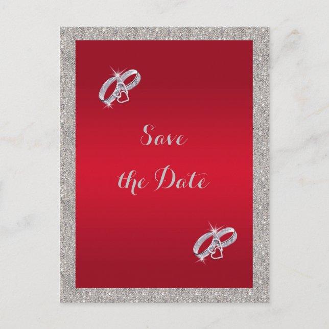 Carte Postale Faire-part Élégant Rouby Rouge & Mariage de Bagues Argent Spa (Devant)