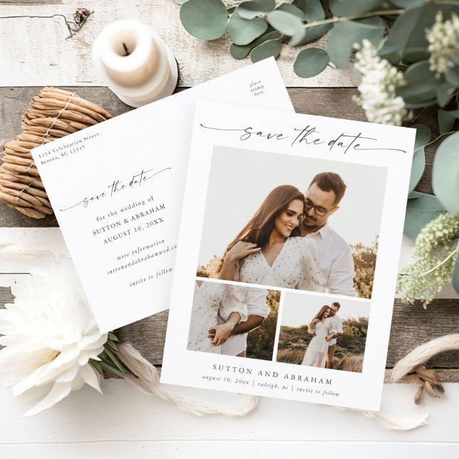 Carte Postale Faire-part Élégant scénario 3 Photo Mariage Enregistrer la da (An elegant minimal 3 photo collage wedding save the date postcard with modern script typography.)