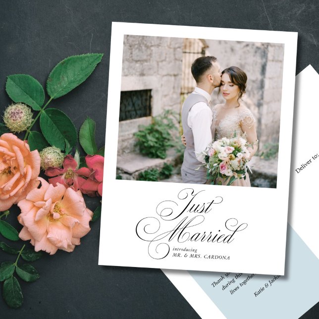 Carte Postale Faire-part Elegant Script Just Married Elopement Photo Announ (Créateur téléchargé)