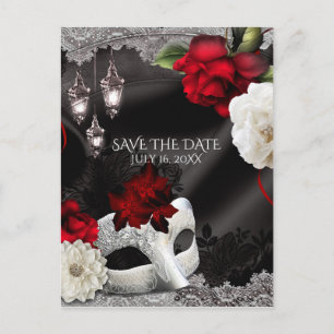 Carte Postale Faire-part Élégant Soie Noire Floral Mascarade Sauvegarder la
