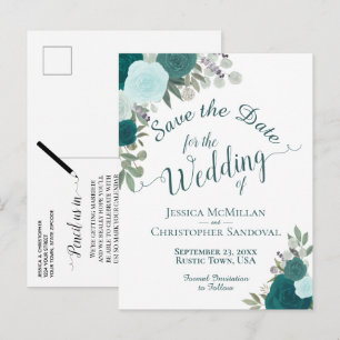 Carte Postale Faire-part Elégant Turquoise Turquoise Roses mariage Enregist