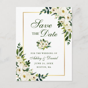 Carte Postale Faire-part Élégant vert blanc floral Enregistrer la date