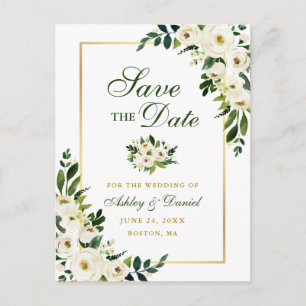 Carte Postale Faire-part Élégant vert blanc floral Enregistrer la date Or