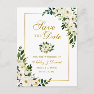 Carte Postale Faire-part Elégant Vert Blanc Floral Or Enregistrer la date