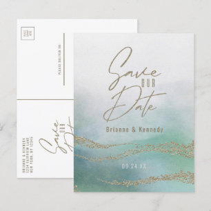 Carte Postale Faire-part Elégante aquarelle Aqua Ocean & Gold Enregistrer l
