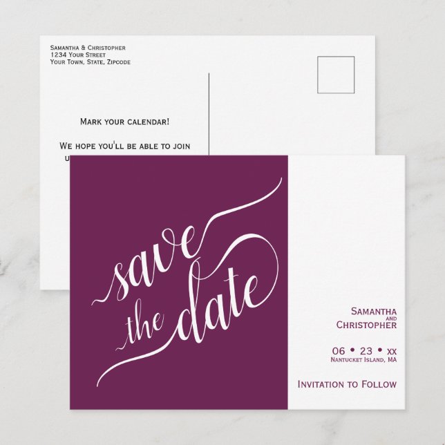 Carte Postale Faire-part Élégante Calligraphie Cassis Mariage Épargnez la D (Devant / Derrière)