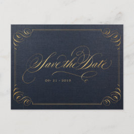 Carte Postale Faire-part Élégante calligraphie dorée de la marine enregistr