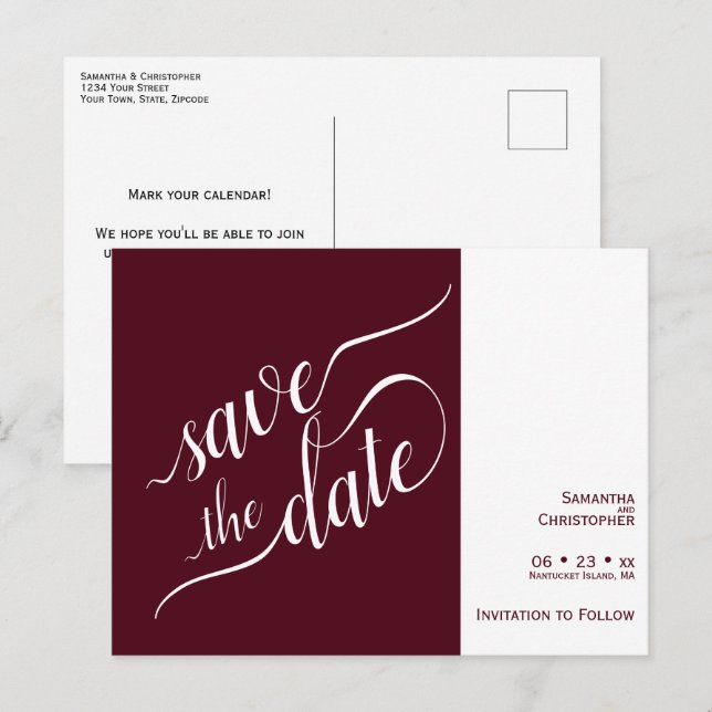 Carte Postale Faire-part Élégante calligraphie Mariage bordeaux Enregistrer (Devant / Derrière)