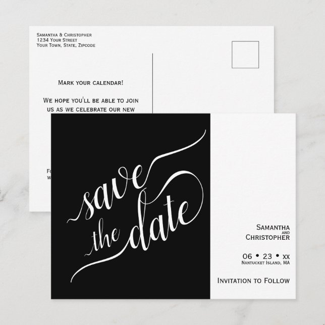 Carte Postale Faire-part Élégante calligraphie Noir Mariage Enregistrer la  (Devant / Derrière)