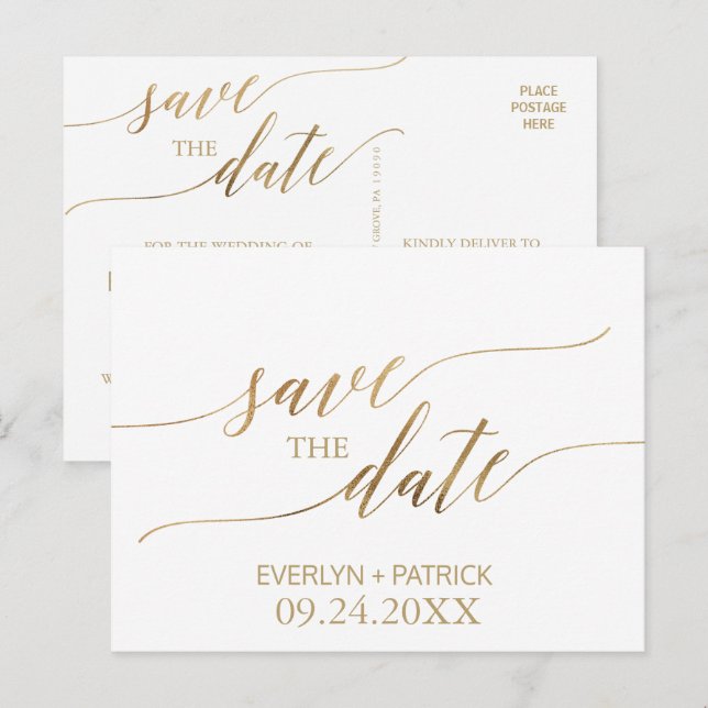 Carte Postale Faire-part Élégante calligraphie or Enregistrer la date (Devant / Derrière)
