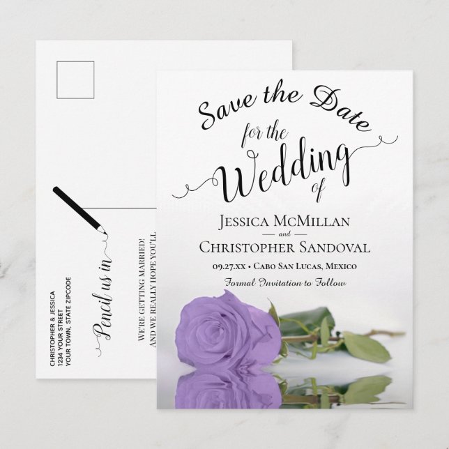 Carte Postale Faire-part Élégante Lavande violet Rose mariage Enregistrer l (Devant / Derrière)