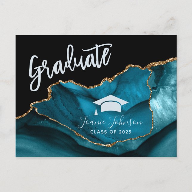 Carte Postale Faire-part Élégante Partie Turquoise de graduation en or (Devant)
