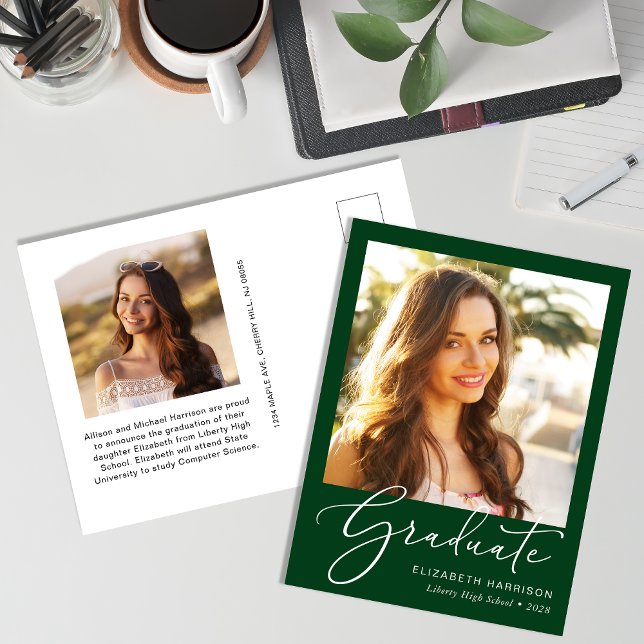 Carte Postale Faire-part Élégante Photo de Script Vert Remise des Diplômes (Créateur téléchargé)