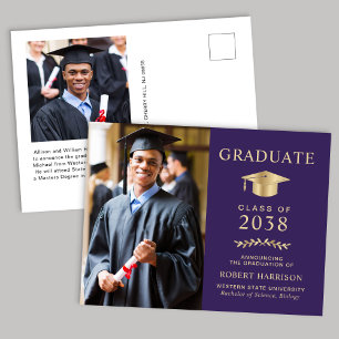Carte Postale Faire-part Élégante Photo Purple Gold College Graduation