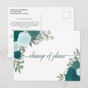 Carte Postale Faire-part Élégantes roses sarcelle : Changement de plans de 