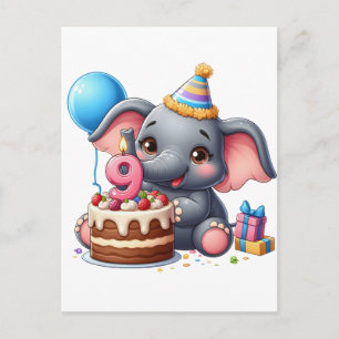 Carte Postale Faire-part Éléphant Mignon 9ème Anniversaire