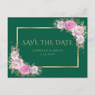Carte Postale Faire-part Emerald Green Gold Blush Pink Floral Sauvez La Dat