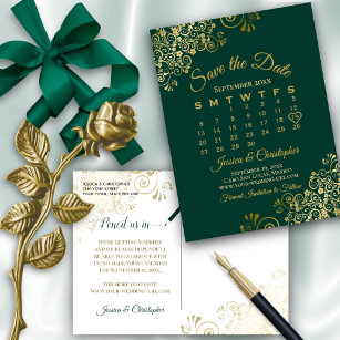Carte Postale Faire-part Emerald Green Gold Wedding Save the Date Calendar