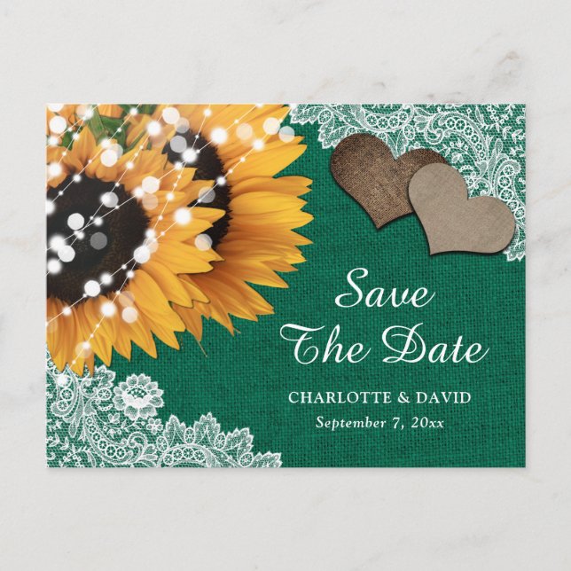 Carte Postale Faire-part Emerald Green Sunflower Wedding Enregistrer La Dat (Devant)