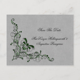 Carte Postale Faire-part Émeraude Vert et Tourbillons Embellis d'Argent Enr