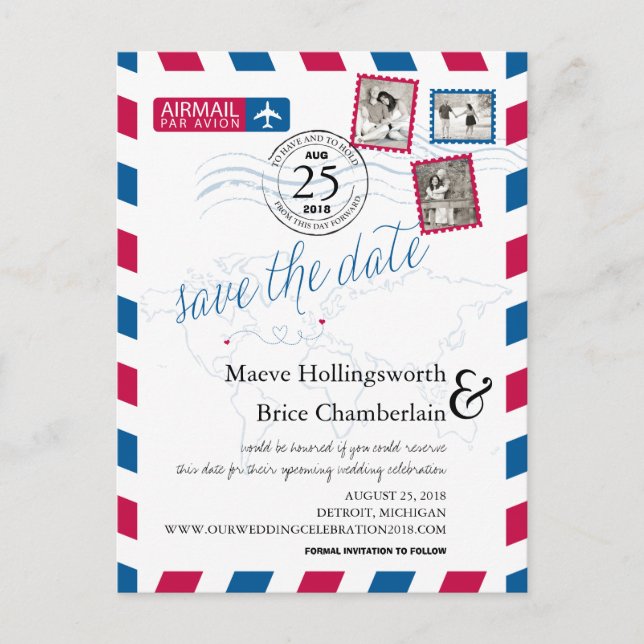 Carte Postale Faire-part Emplacements Mondiaux Airmail Enregistrer La Date (Devant)