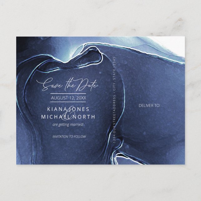Carte Postale Faire-part Encre Flow Mariage Économisez la date Blue ID762 (Dos)