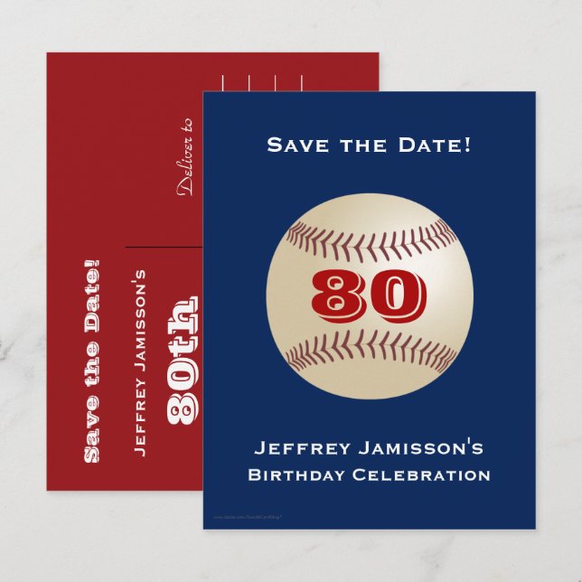 Carte Postale Faire-part Enregistrer la date 80e anniversaire Baseball, Nom (Devant / Derrière)