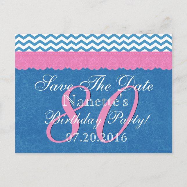 Carte Postale Faire-part Enregistrer la date 80e anniversaire Pink Blue Lac (Devant)