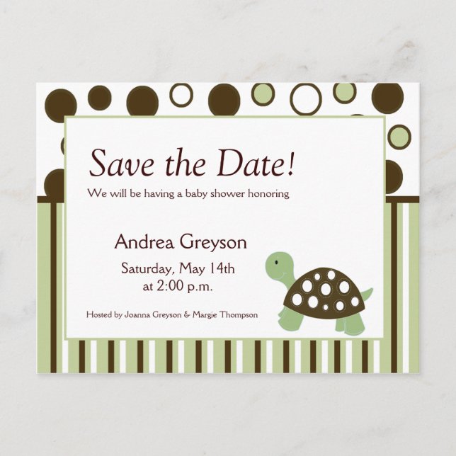Carte Postale Faire-part ENREGISTRER LA DATE Baby shower Mod Dot Turtle (Devant)