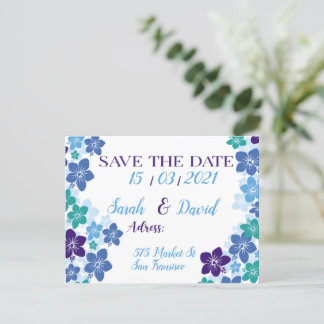 Carte Postale Faire-part Enregistrer la date bleu violet design pour le mar