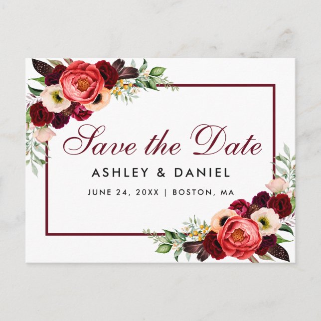 Carte Postale Faire-part Enregistrer La Date Boho Floral Bourgogne (Devant)