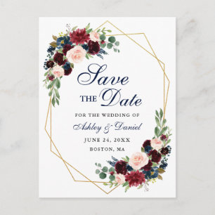 Carte Postale Faire-part Enregistrer la date Burgundy Floral Blue Gold Fram