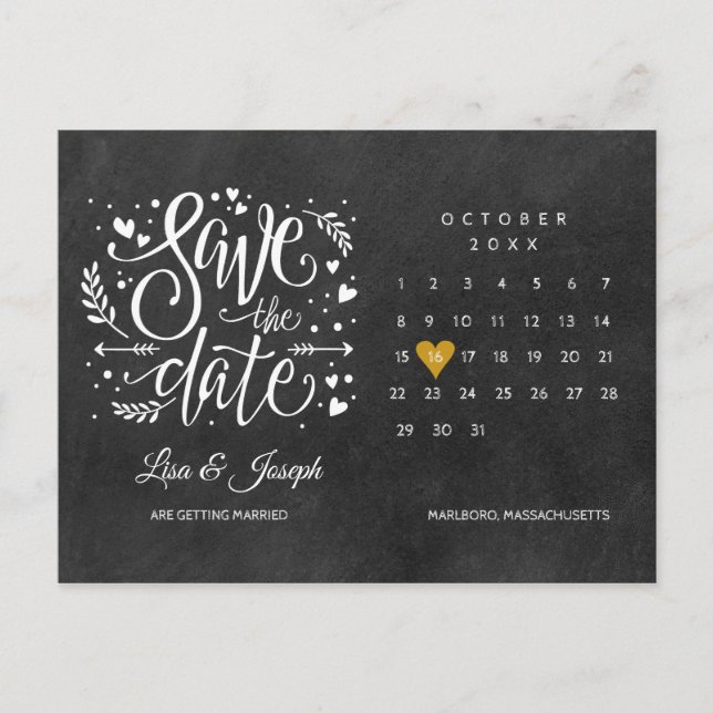 Carte Postale Faire-part Enregistrer la date Calendrier Gold Heart Chalkboa (Devant)