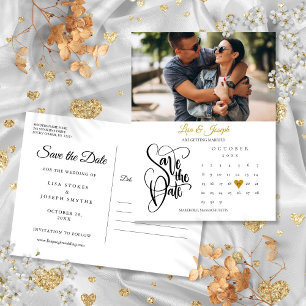 Carte Postale Faire-part Enregistrer la date Calendrier Gold Heart Photo